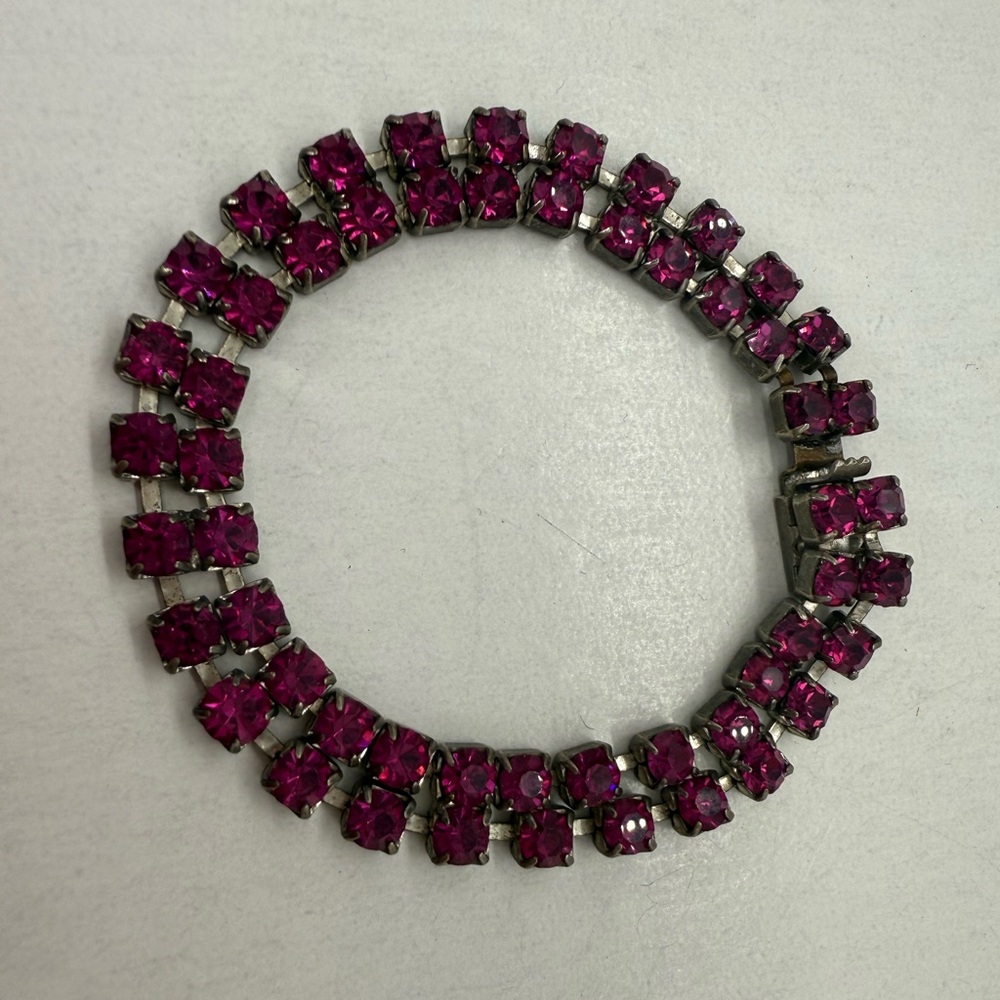 Fuchsia Pink Rhinestone Tennis Bracelet Vintage Silver Tone Sparkly Girly Glam